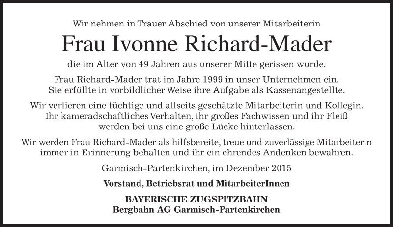  Traueranzeige für Ivonne Richard-Mader vom 31.12.2015 aus 
