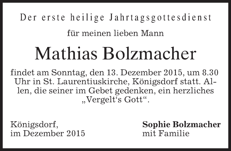  Traueranzeige für Mathias Bolzmacher vom 11.12.2015 aus 