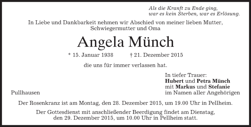 Traueranzeige für Angela Münch vom 23.12.2015 aus 