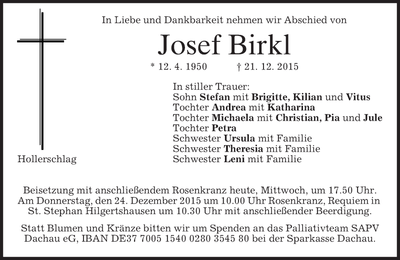  Traueranzeige für Josef Birkl vom 23.12.2015 aus 