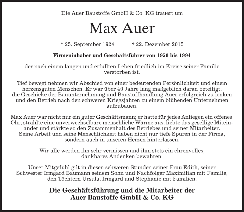  Traueranzeige für Max Auer vom 24.12.2015 aus 