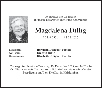 Traueranzeige von Magdalena Dillig 