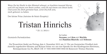 Traueranzeige von Tristan Hinrichs 