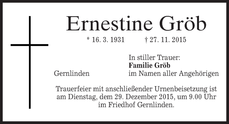  Traueranzeige für Ernestine Gröb vom 24.12.2015 aus 