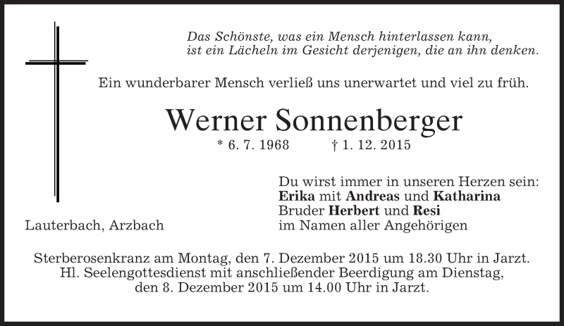  Traueranzeige für Werner Sonnenberger vom 05.12.2015 aus 