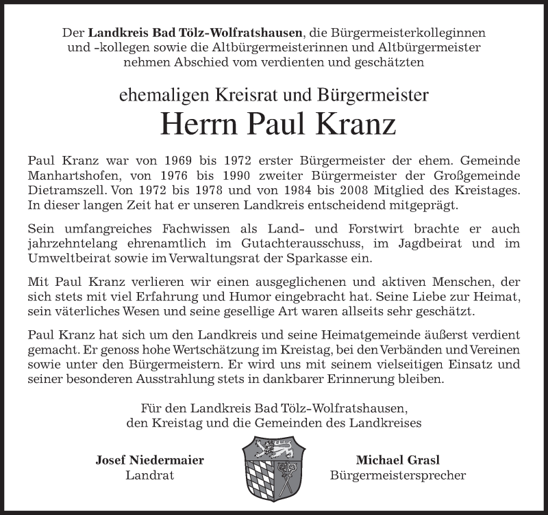  Traueranzeige für Paul Kranz vom 23.12.2015 aus 