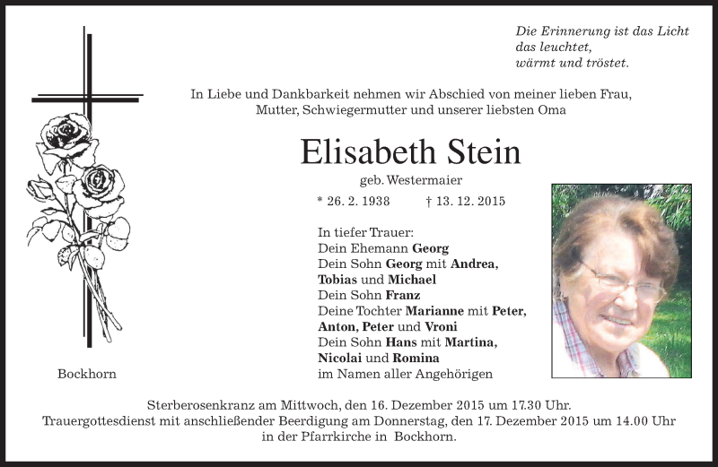  Traueranzeige für Elisabeth Stein vom 15.12.2015 aus 