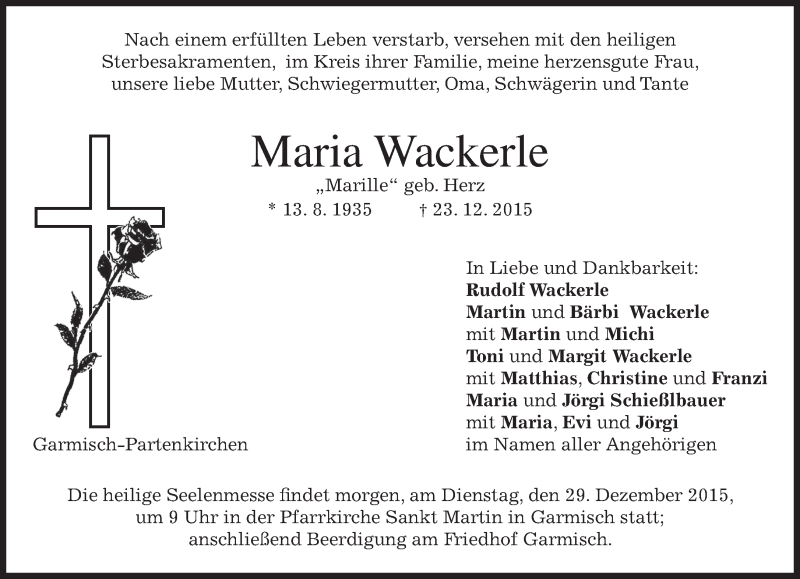  Traueranzeige für Maria Wackerle vom 28.12.2015 aus 