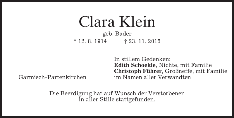  Traueranzeige für Clara Klein vom 05.12.2015 aus 