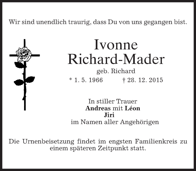  Traueranzeige für Ivonne Richard-Mader vom 30.12.2015 aus 