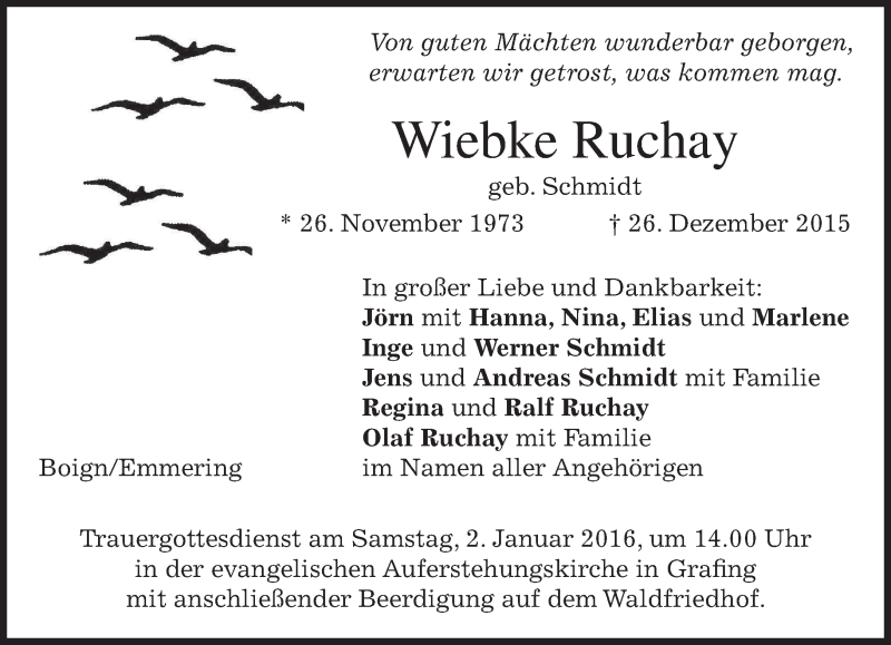  Traueranzeige für Wiebke Ruchay vom 29.12.2015 aus 