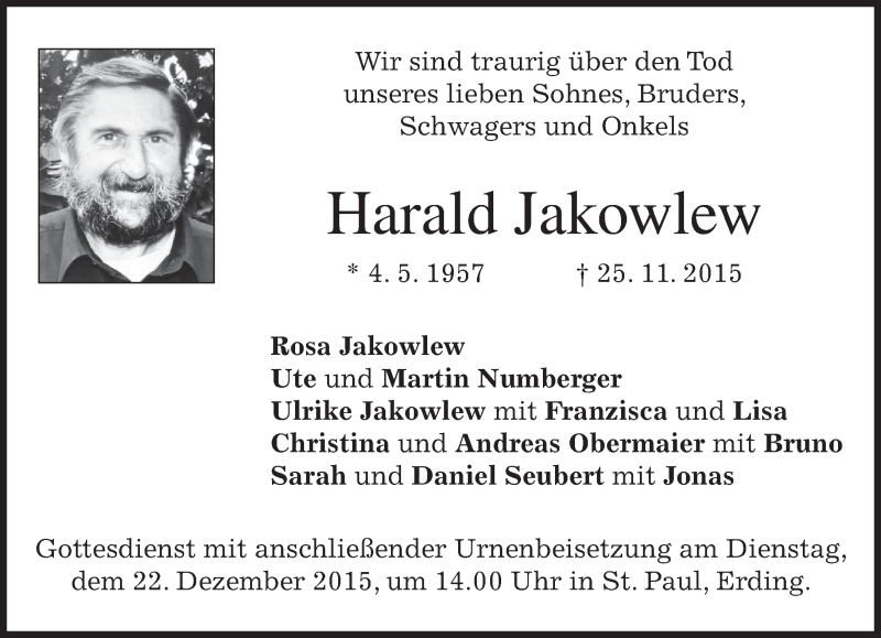  Traueranzeige für Harald Jakowlew vom 19.12.2015 aus 