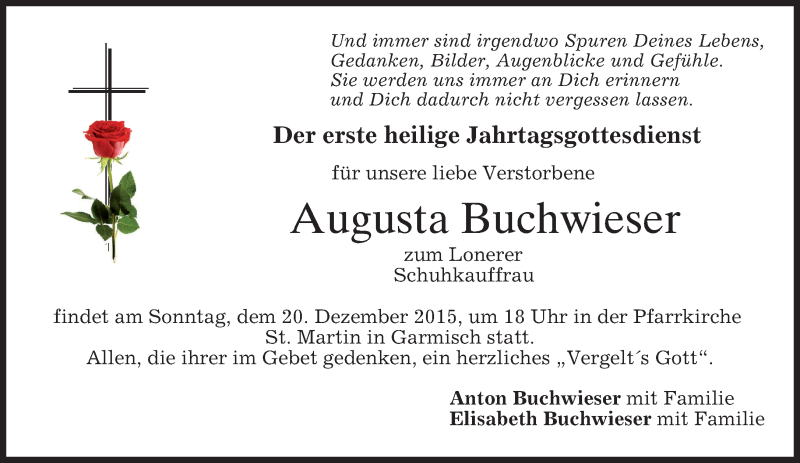  Traueranzeige für Augusta Buchwieser vom 18.12.2015 aus 