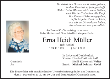 Traueranzeige von Erna Heidi Müller 