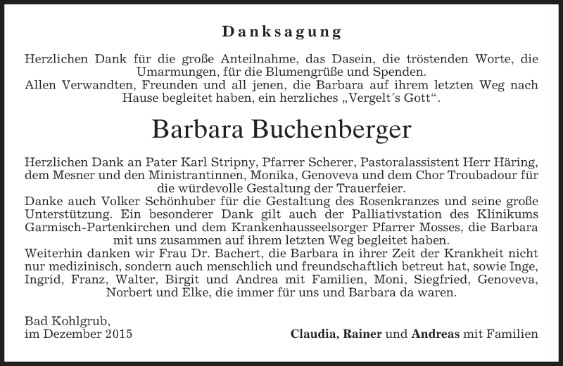  Traueranzeige für Barbara Buchenberger vom 09.12.2015 aus 