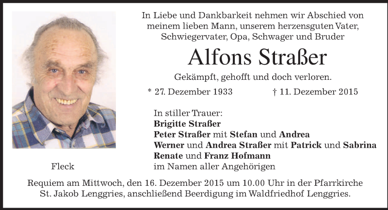  Traueranzeige für Alfons Straßer vom 14.12.2015 aus 