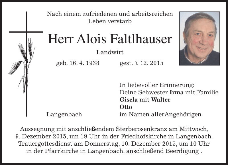  Traueranzeige für Alois Faltlhauser vom 08.12.2015 aus 