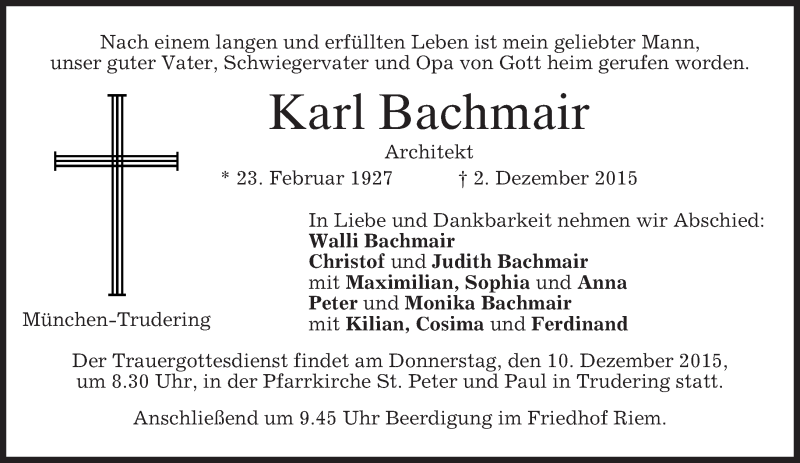  Traueranzeige für Karl Bachmair vom 05.12.2015 aus 