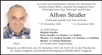 Traueranzeige von Alfons Straßer 