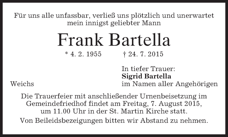  Traueranzeige für Frank Bartella vom 29.07.2015 aus merkurtz