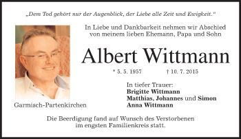 Traueranzeige von Albert Wittmann von merkurtz