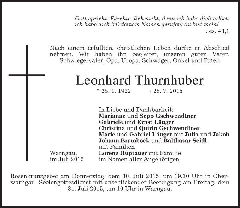  Traueranzeige für Leonhard Thurnhuber vom 30.07.2015 aus merkurtz
