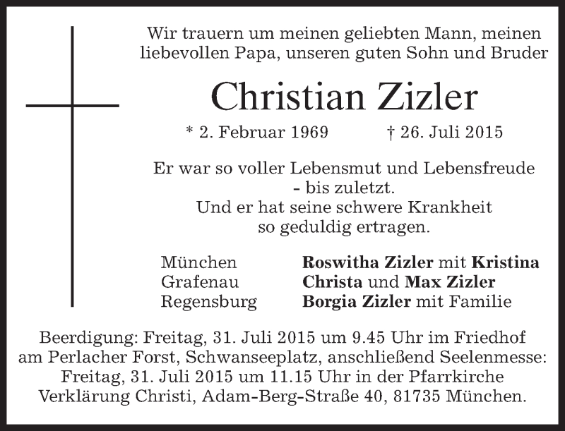  Traueranzeige für Christian Zizler vom 29.07.2015 aus merkurtz