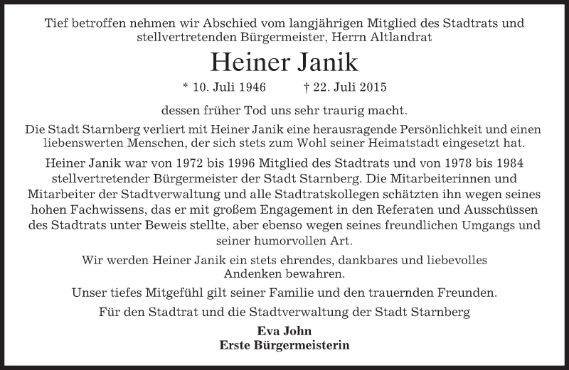  Traueranzeige für Heiner Janik vom 25.07.2015 aus merkurtz