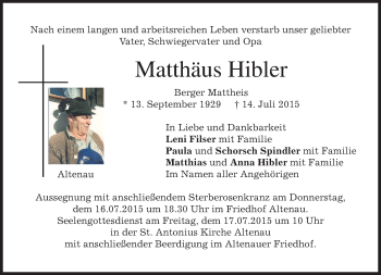 Traueranzeige von Matthäus Hibler von merkurtz