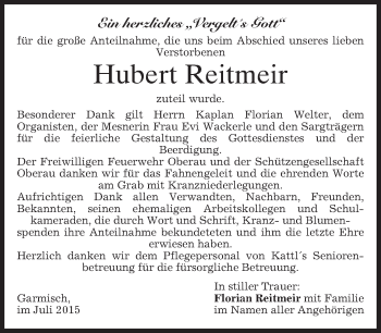 Traueranzeige von Hubert Reitmeir von merkurtz