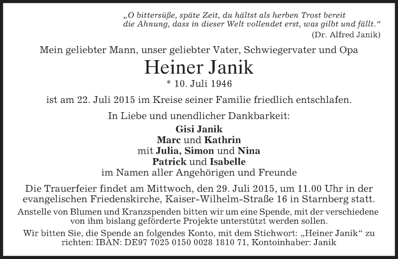  Traueranzeige für Heiner Janik vom 25.07.2015 aus merkurtz