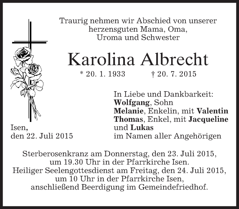  Traueranzeige für Karolina Albrecht vom 22.07.2015 aus merkurtz