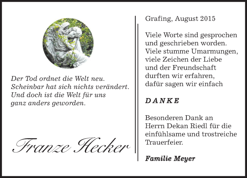  Traueranzeige für Franze Hecker vom 01.08.2015 aus merkurtz