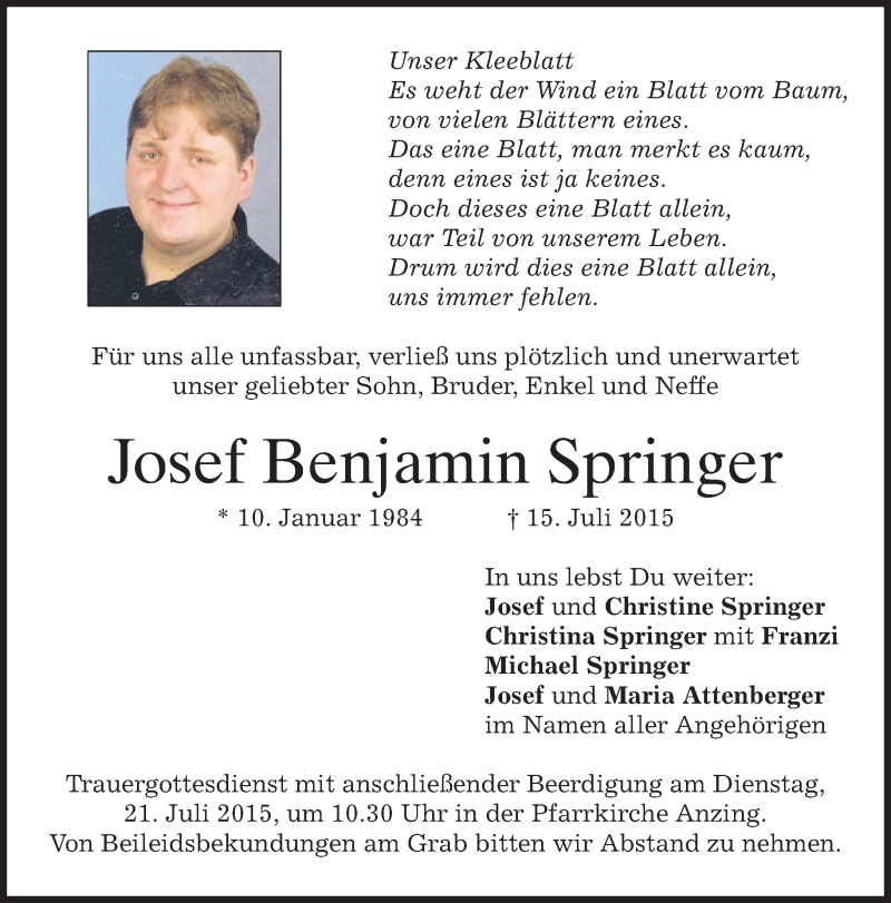  Traueranzeige für Josef Benjamin Springer vom 18.07.2015 aus merkurtz