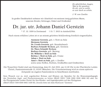 Traueranzeige von Johann Daniel Gerstein von merkurtz