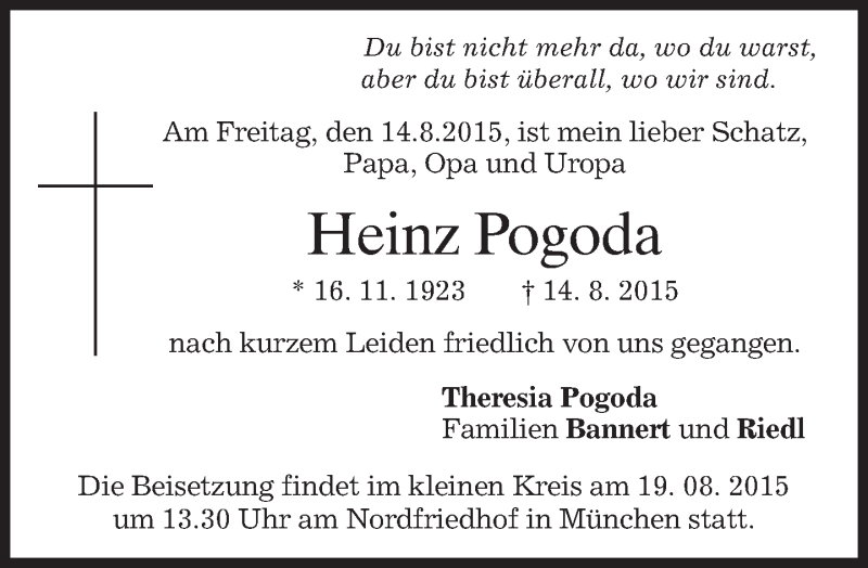  Traueranzeige für Heinz Pogoda vom 17.08.2015 aus merkurtz