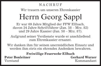 Traueranzeige von Georg Sappl von merkurtz