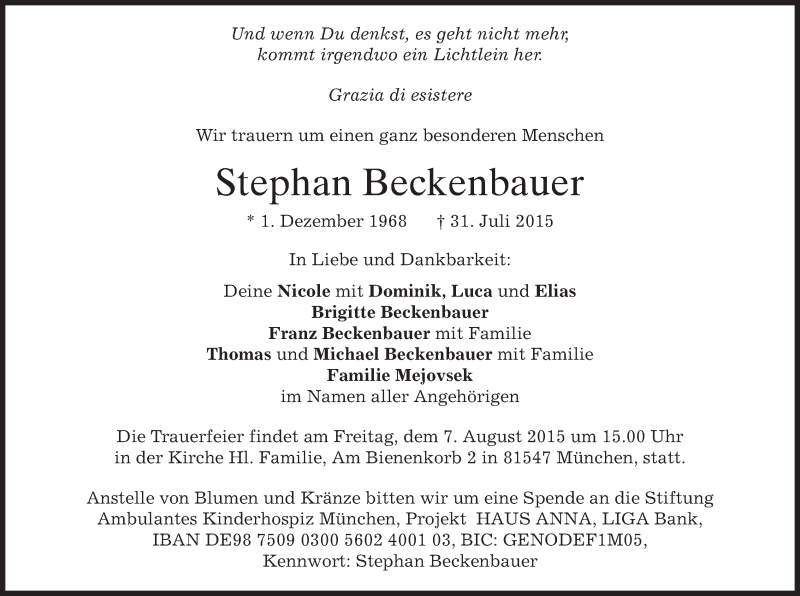  Traueranzeige für Stephan Beckenbauer vom 05.08.2015 aus merkurtz