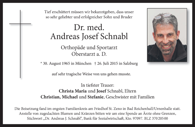  Traueranzeige für Andreas Josef Schnabl vom 14.08.2015 aus merkurtz