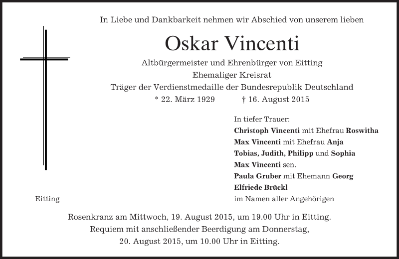  Traueranzeige für Oskar Vincenti vom 18.08.2015 aus merkurtz