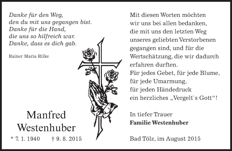  Traueranzeige für Manfred Westenhuber vom 22.08.2015 aus merkurtz