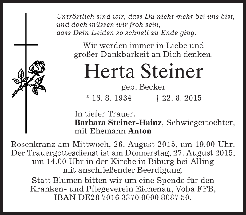  Traueranzeige für Herta Steiner vom 25.08.2015 aus merkurtz