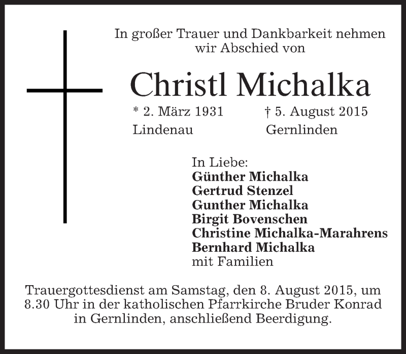  Traueranzeige für Christl Michalka vom 07.08.2015 aus merkurtz