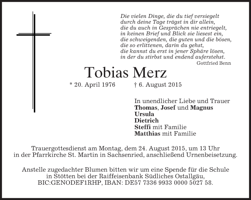  Traueranzeige für Tobias Merz vom 20.08.2015 aus merkurtz