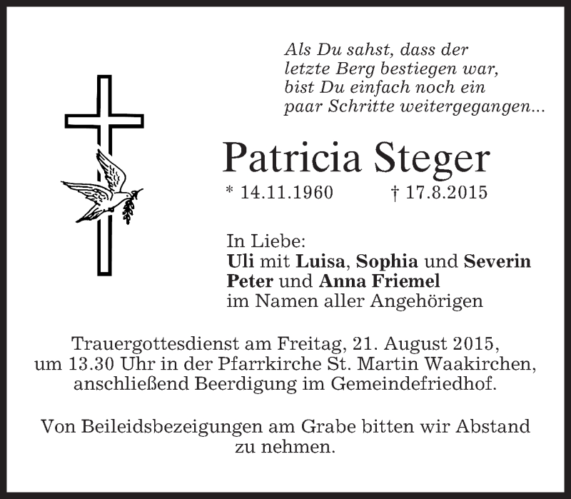  Traueranzeige für Patricia Steger vom 19.08.2015 aus merkurtz