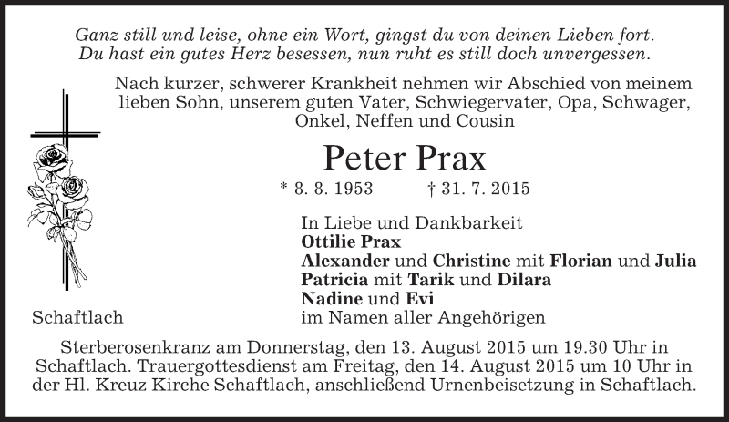  Traueranzeige für Peter Prax vom 12.08.2015 aus merkurtz