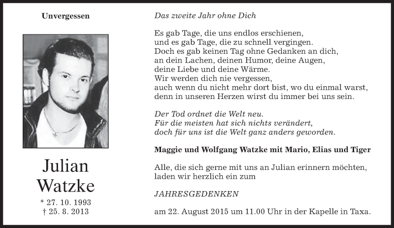  Traueranzeige für Julian Watzke vom 20.08.2015 aus merkurtz