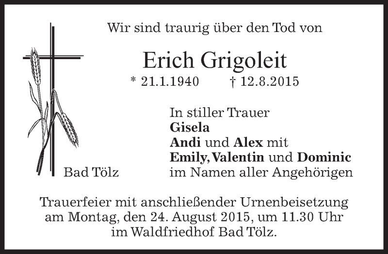  Traueranzeige für Erich Grigoleit vom 20.08.2015 aus merkurtz
