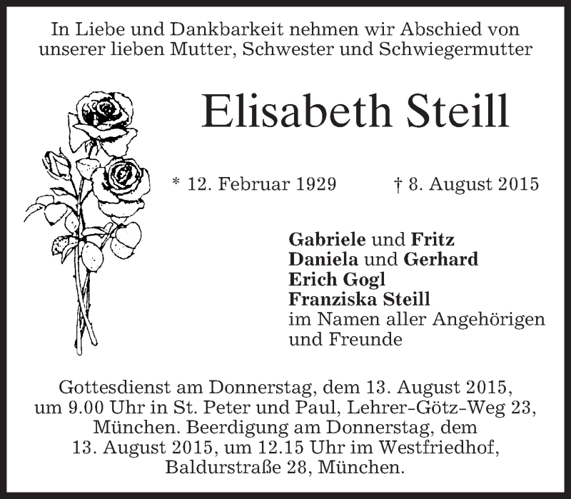  Traueranzeige für Elisabeth Steill vom 11.08.2015 aus merkurtz