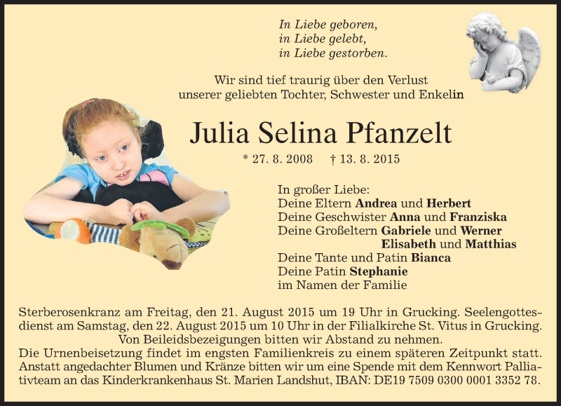  Traueranzeige für Julia Selina Pfanzelt vom 20.08.2015 aus merkurtz